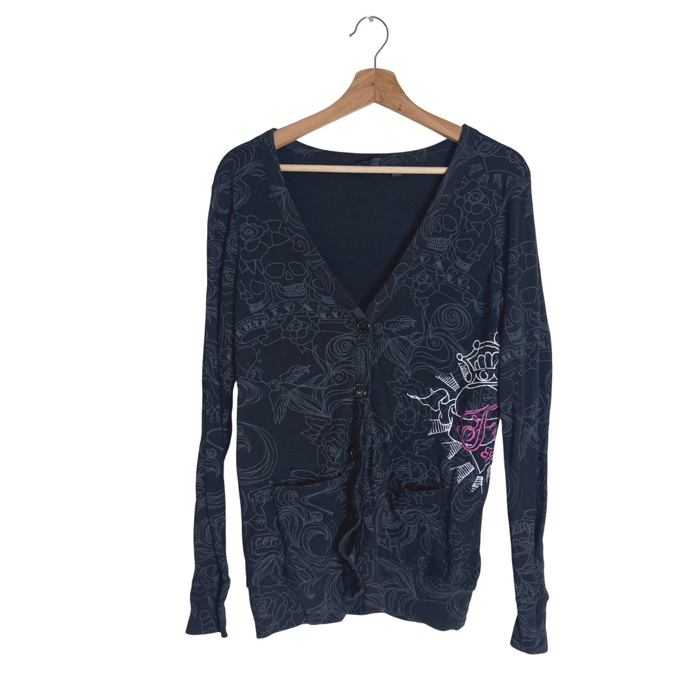Fox Racing Cardigan Women's Skull Heart Tattoo Print Black Pink Size M